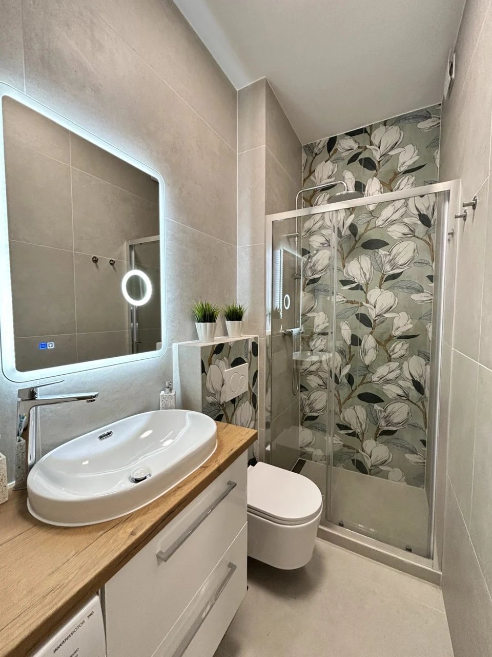 The bathroom: walk-in shower and washbasin